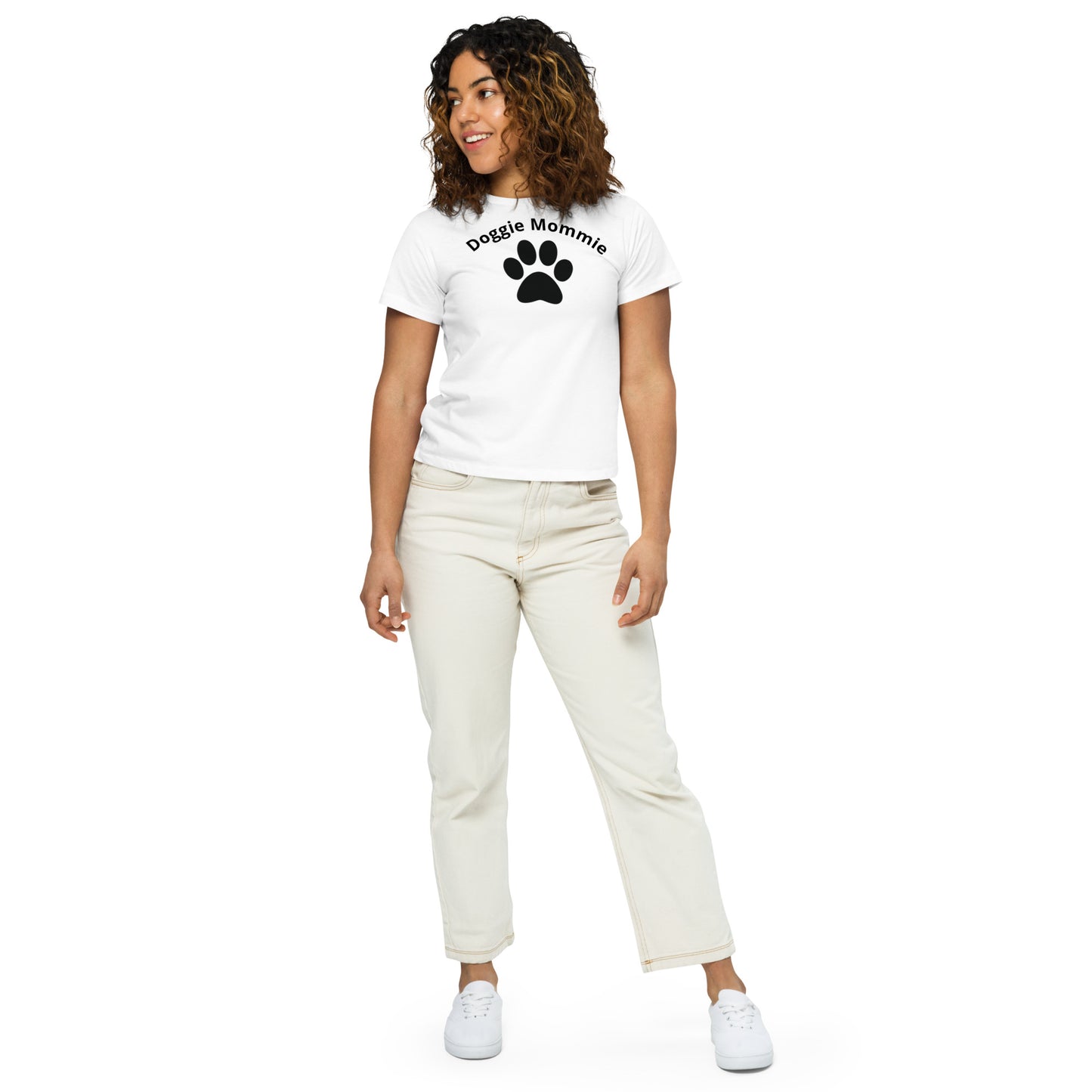 Women's High-Waisted Tee - Premium Cotton Blend with Classic Fit in Pine Green - Comfortable High-Waisted Design with Short Sleeves - Perfect for Casual Wear, Everyday Style and Layering featuring the words Doggie Mommie and a Paw Print - wee b00gie store