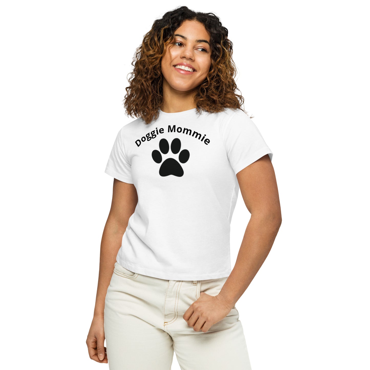 Women's High-Waisted Tee - Premium Cotton Blend with Classic Fit in Pine Green - Comfortable High-Waisted Design with Short Sleeves - Perfect for Casual Wear, Everyday Style and Layering featuring the words Doggie Mommie and a Paw Print - wee b00gie store