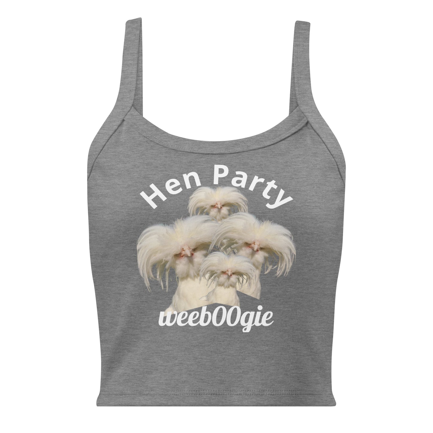 Hen Party Bachelorette Bridal Women's Micro-Rib Tank Top Vest featuring Four Quirky White Chickens with Long Hair - Soft Airlume Cotton Blend with Thick Straps and Scoop Neck - Mid-Length Stretch Fit with Side-Seamed Construction - Perfect for Brides and Bachelorette Celebrations - wee b00gie store