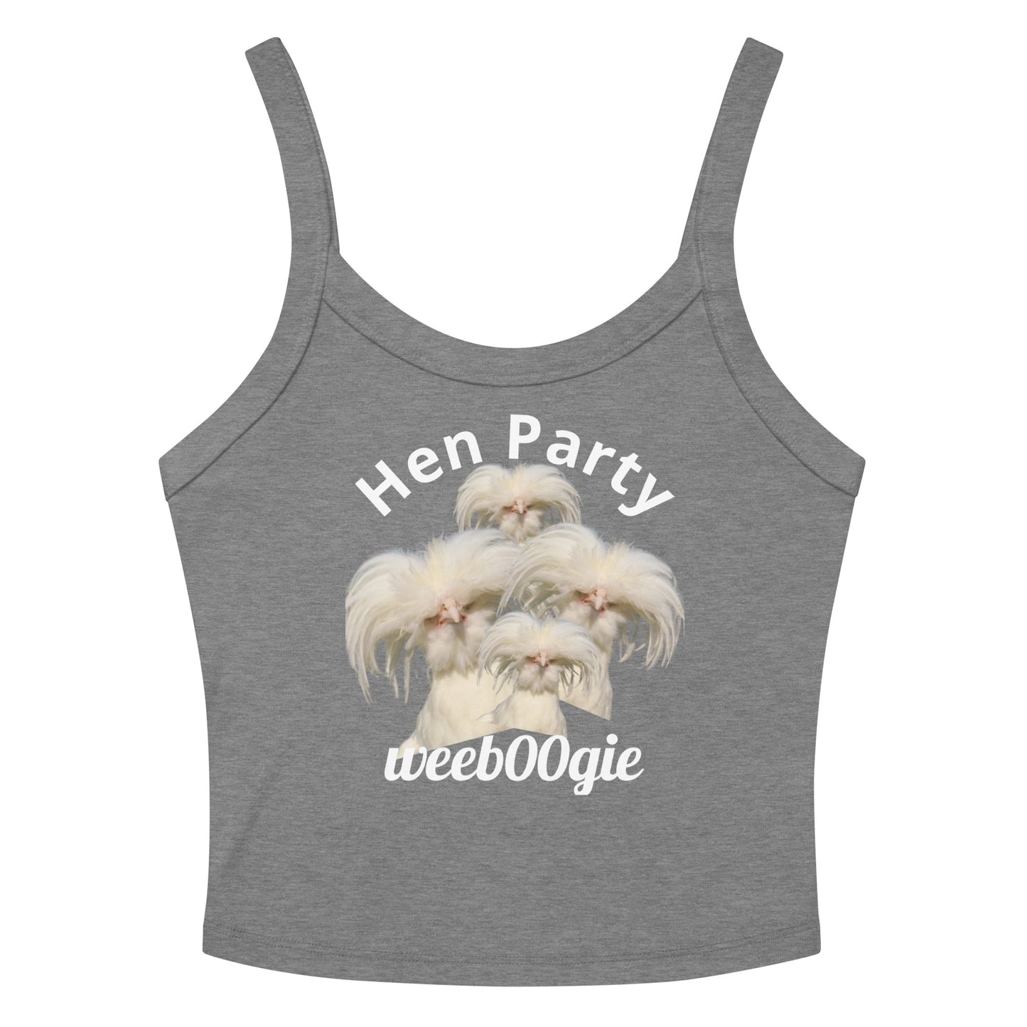 Hen Party Bachelorette Bridal Women's Micro-Rib Tank Top Vest featuring Four Quirky White Chickens with Long Hair - Soft Airlume Cotton Blend with Thick Straps and Scoop Neck - Mid-Length Stretch Fit with Side-Seamed Construction - Perfect for Brides and Bachelorette Celebrations - wee b00gie store