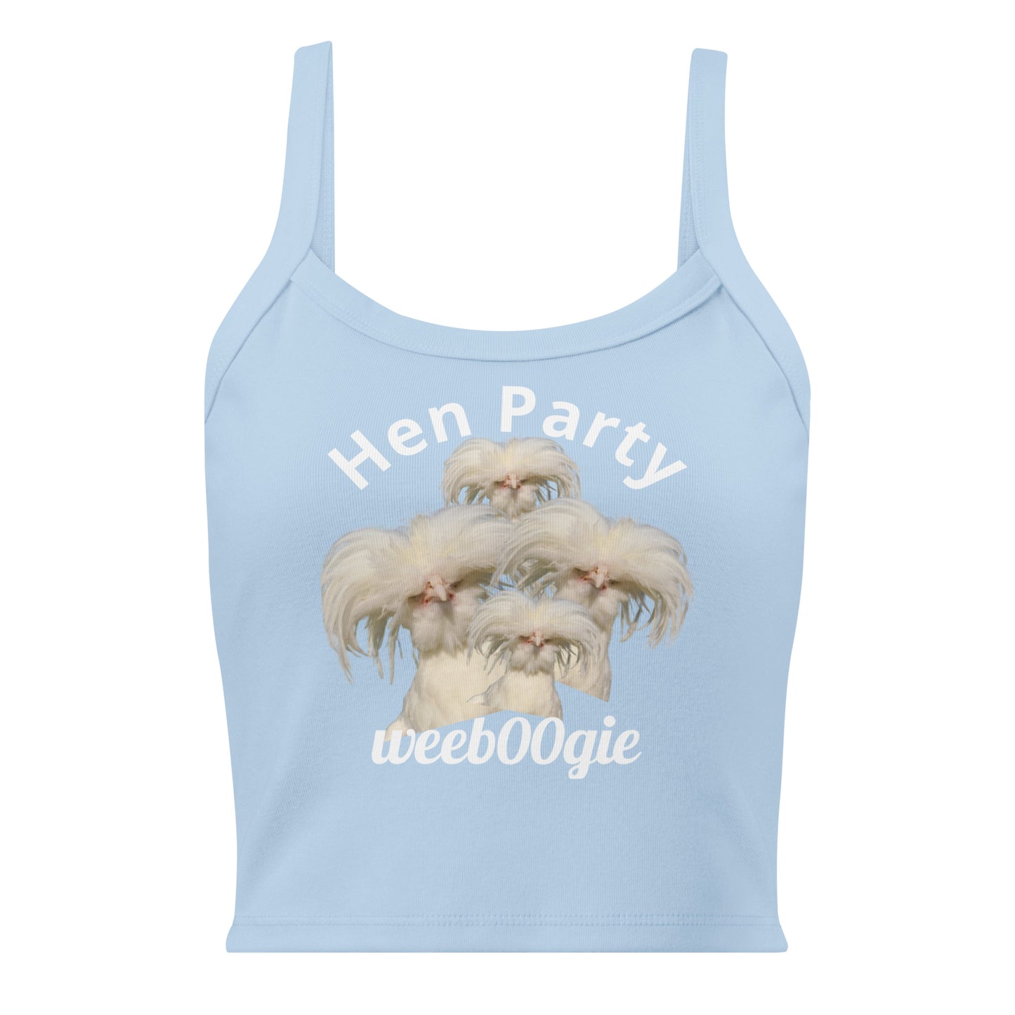 Hen Party Bachelorette Bridal Women's Micro-Rib Tank Top Vest featuring Four Quirky White Chickens with Long Hair - Soft Airlume Cotton Blend with Thick Straps and Scoop Neck - Mid-Length Stretch Fit with Side-Seamed Construction - Perfect for Brides and Bachelorette Celebrations - wee b00gie store