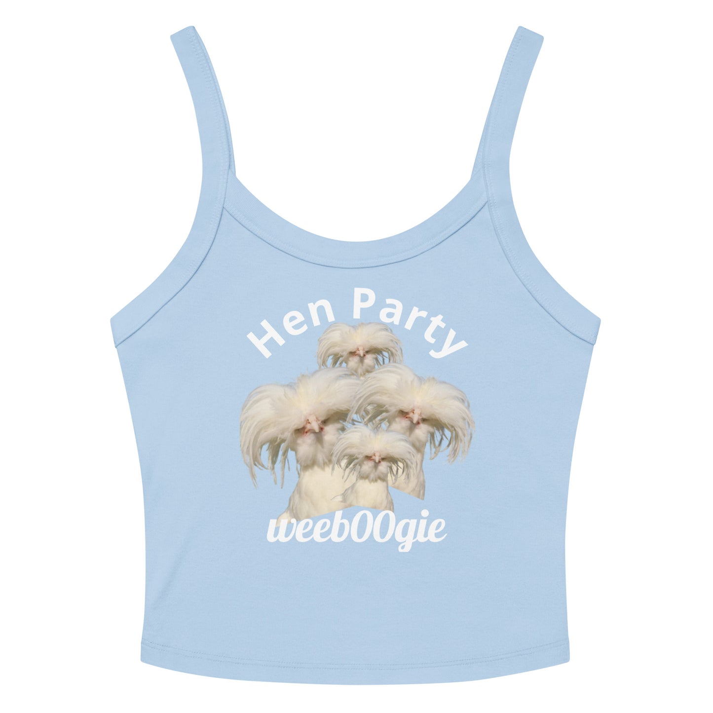 Hen Party Bachelorette Bridal Women's Micro-Rib Tank Top Vest featuring Four Quirky White Chickens with Long Hair - Soft Airlume Cotton Blend with Thick Straps and Scoop Neck - Mid-Length Stretch Fit with Side-Seamed Construction - Perfect for Brides and Bachelorette Celebrations - wee b00gie store