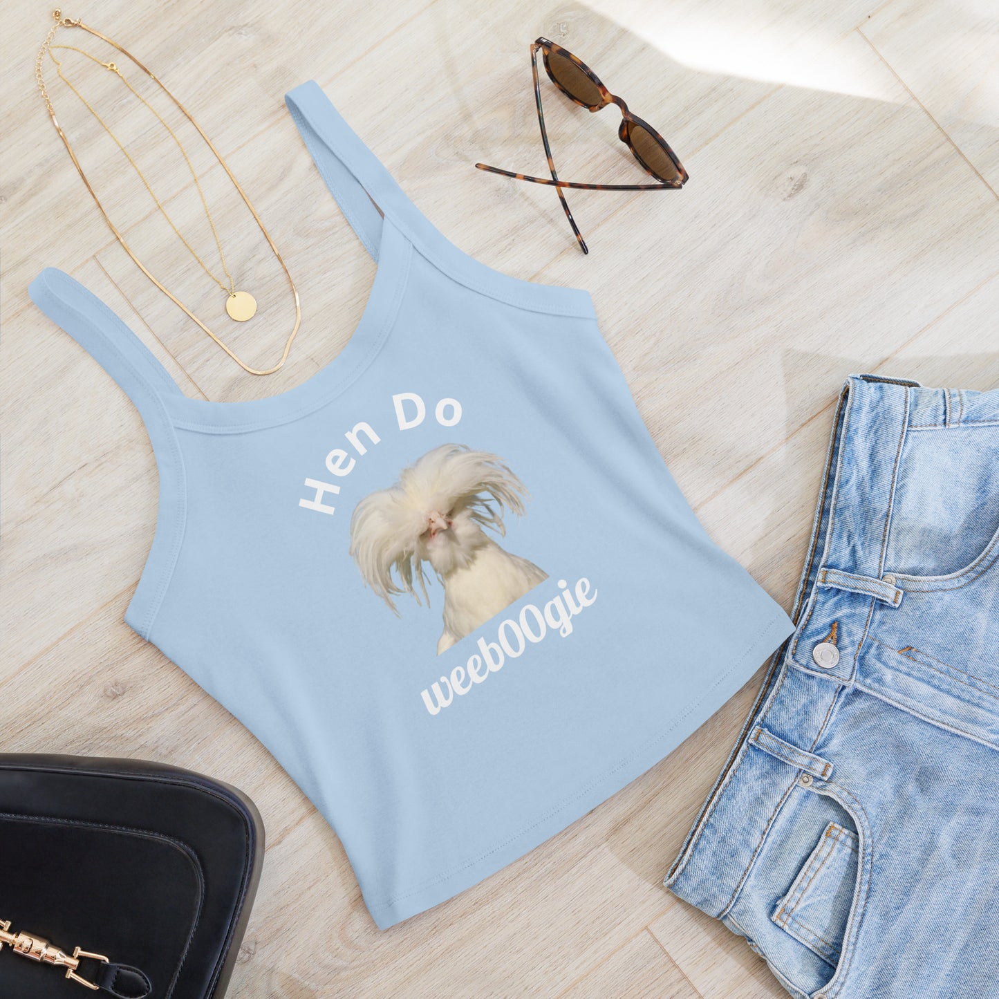 Hen Do Women's Micro-Rib Tank Top featuring White Chicken and Hen Do Text - Soft Airlume Cotton Blend with Thick Straps and Scoop Neck - Mid-Length Stretch Fit with Side-Seamed Construction - Perfect for Hen Parties and Bachelorette Celebrations - wee b00gie store