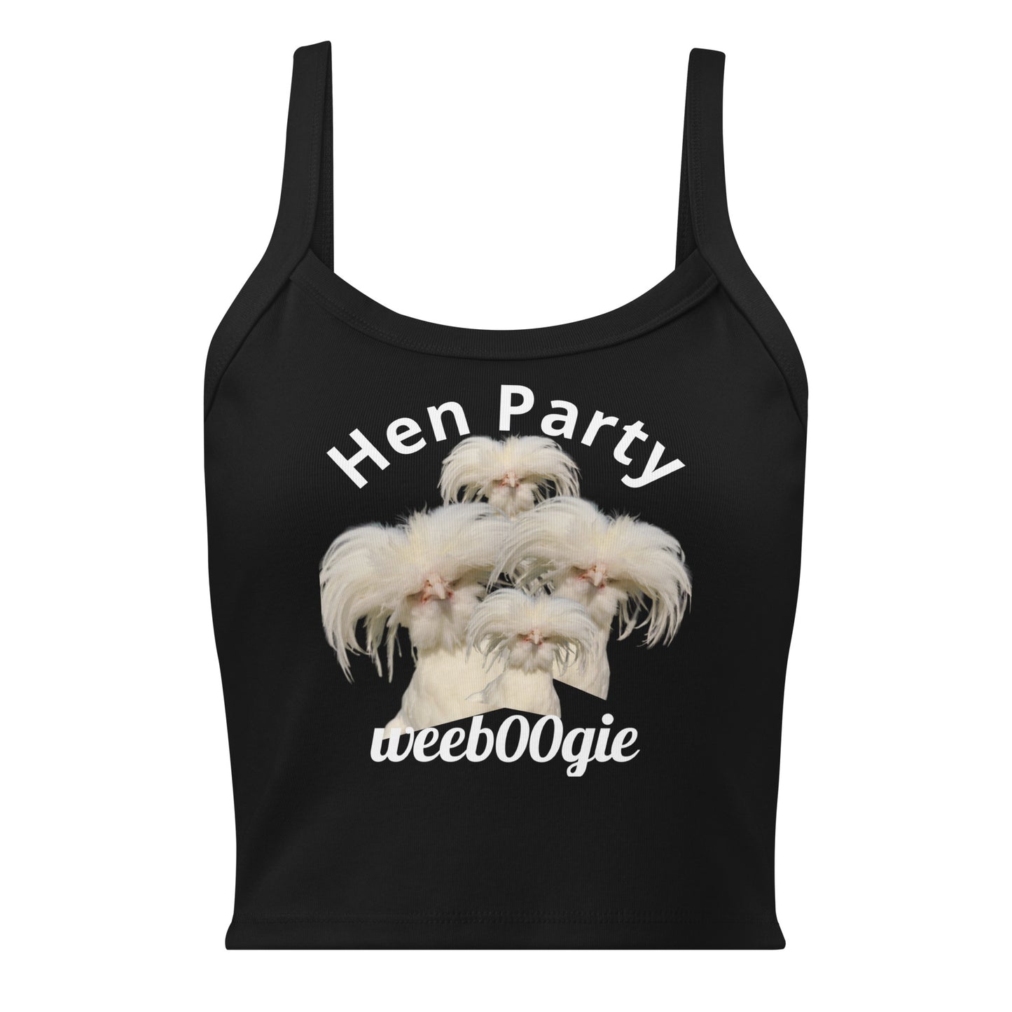 Hen Party Bachelorette Bridal Women's Micro-Rib Tank Top Vest featuring Four Quirky White Chickens with Long Hair - Soft Airlume Cotton Blend with Thick Straps and Scoop Neck - Mid-Length Stretch Fit with Side-Seamed Construction - Perfect for Brides and Bachelorette Celebrations - wee b00gie store