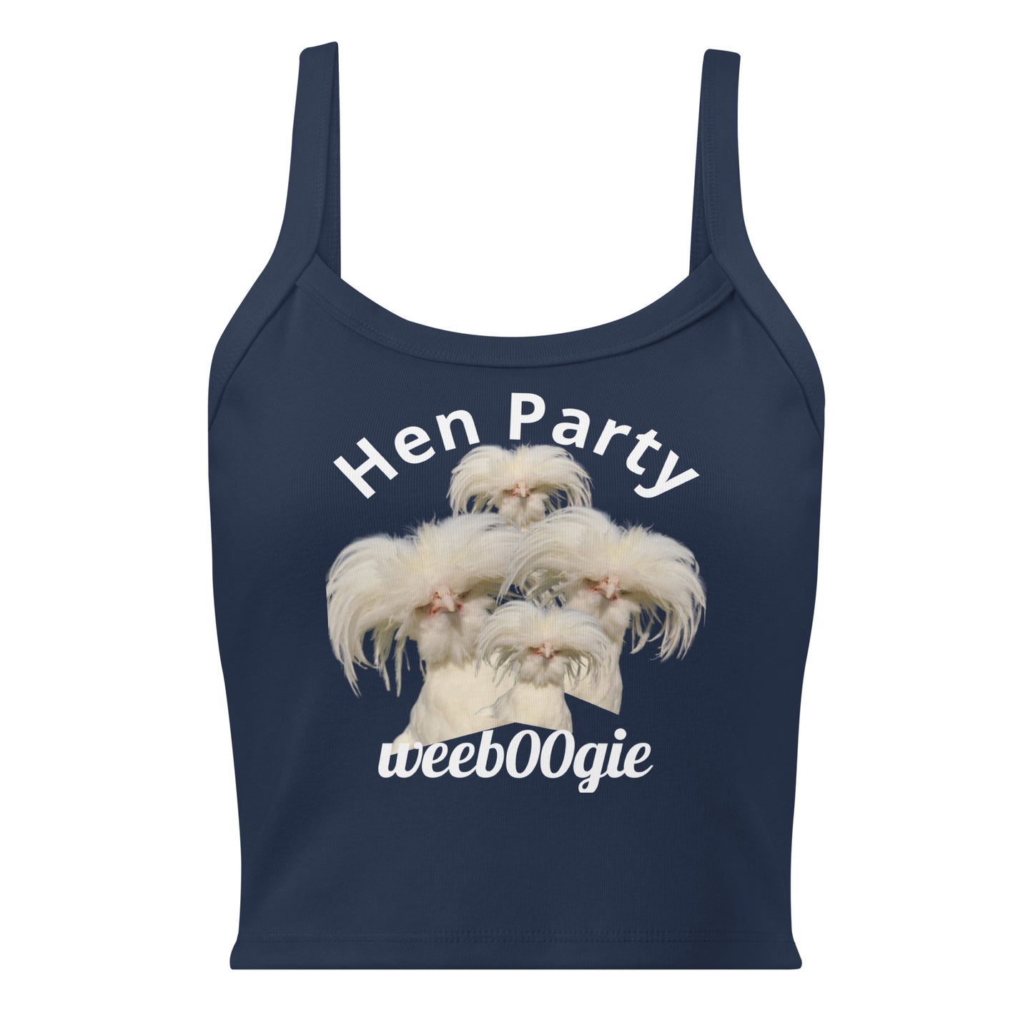 Hen Party Bachelorette Bridal Women's Micro-Rib Tank Top Vest featuring Four Quirky White Chickens with Long Hair - Soft Airlume Cotton Blend with Thick Straps and Scoop Neck - Mid-Length Stretch Fit with Side-Seamed Construction - Perfect for Brides and Bachelorette Celebrations - wee b00gie store