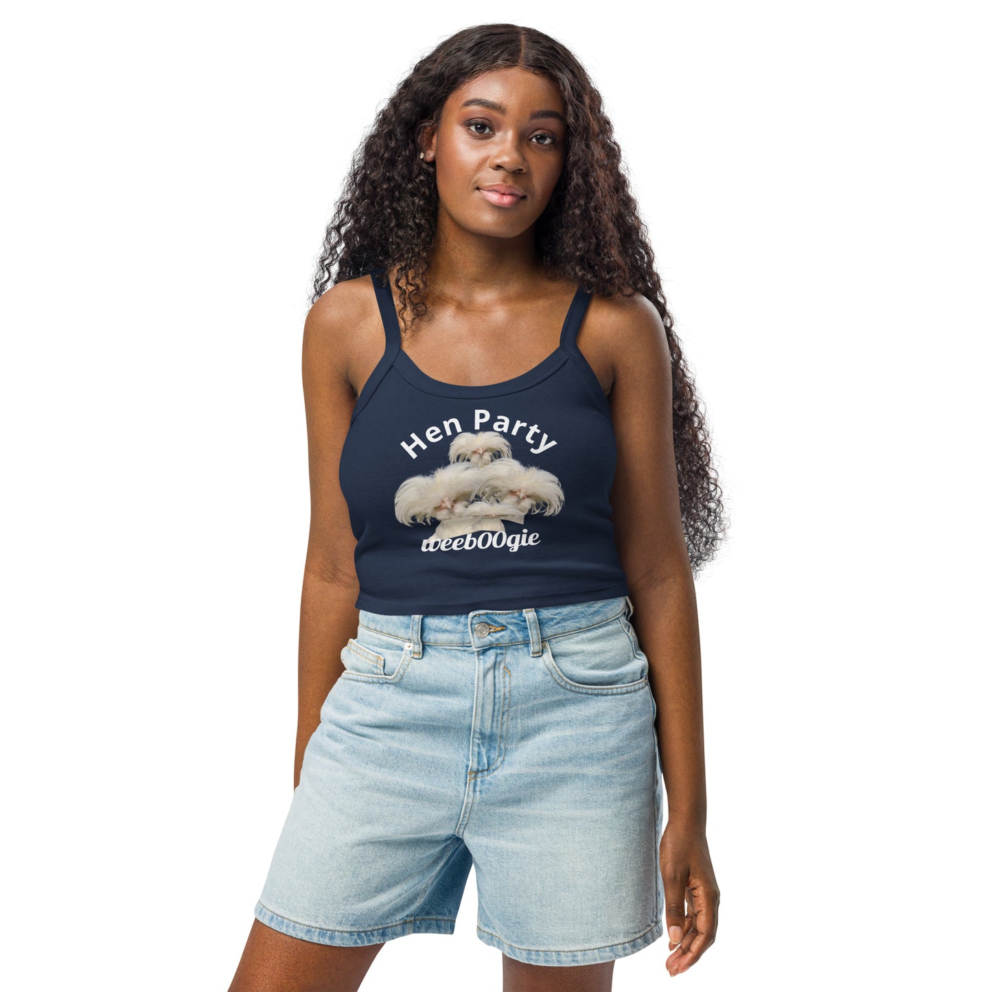 Hen Party Bachelorette Bridal Women's Micro-Rib Tank Top Vest featuring Four Quirky White Chickens with Long Hair - Soft Airlume Cotton Blend with Thick Straps and Scoop Neck - Mid-Length Stretch Fit with Side-Seamed Construction - Perfect for Brides and Bachelorette Celebrations - wee b00gie store