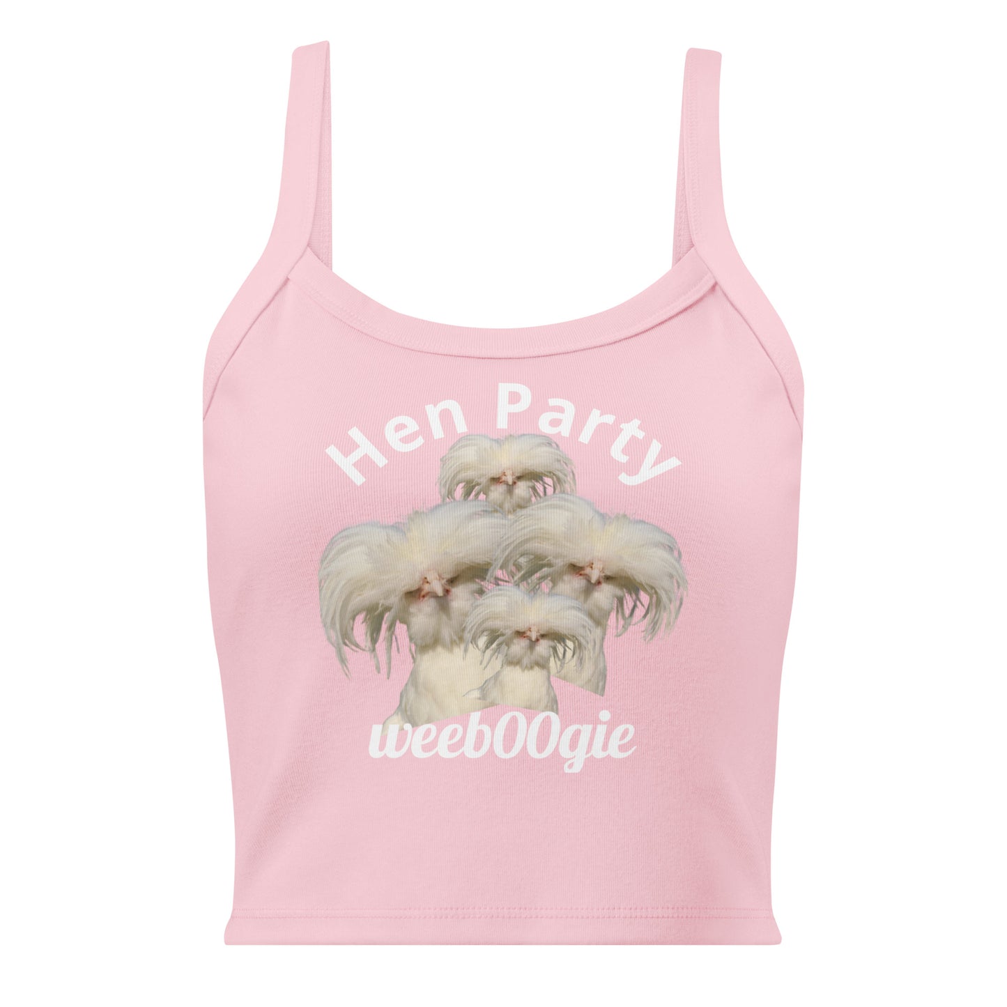 Hen Party Bachelorette Bridal Women's Micro-Rib Tank Top Vest featuring Four Quirky White Chickens with Long Hair - Soft Airlume Cotton Blend with Thick Straps and Scoop Neck - Mid-Length Stretch Fit with Side-Seamed Construction - Perfect for Brides and Bachelorette Celebrations - wee b00gie store