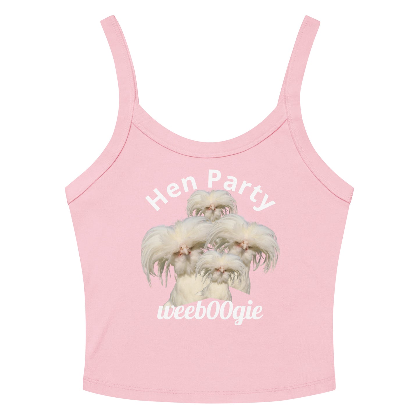 Hen Party Bachelorette Bridal Women's Micro-Rib Tank Top Vest featuring Four Quirky White Chickens with Long Hair - Soft Airlume Cotton Blend with Thick Straps and Scoop Neck - Mid-Length Stretch Fit with Side-Seamed Construction - Perfect for Brides and Bachelorette Celebrations - wee b00gie store