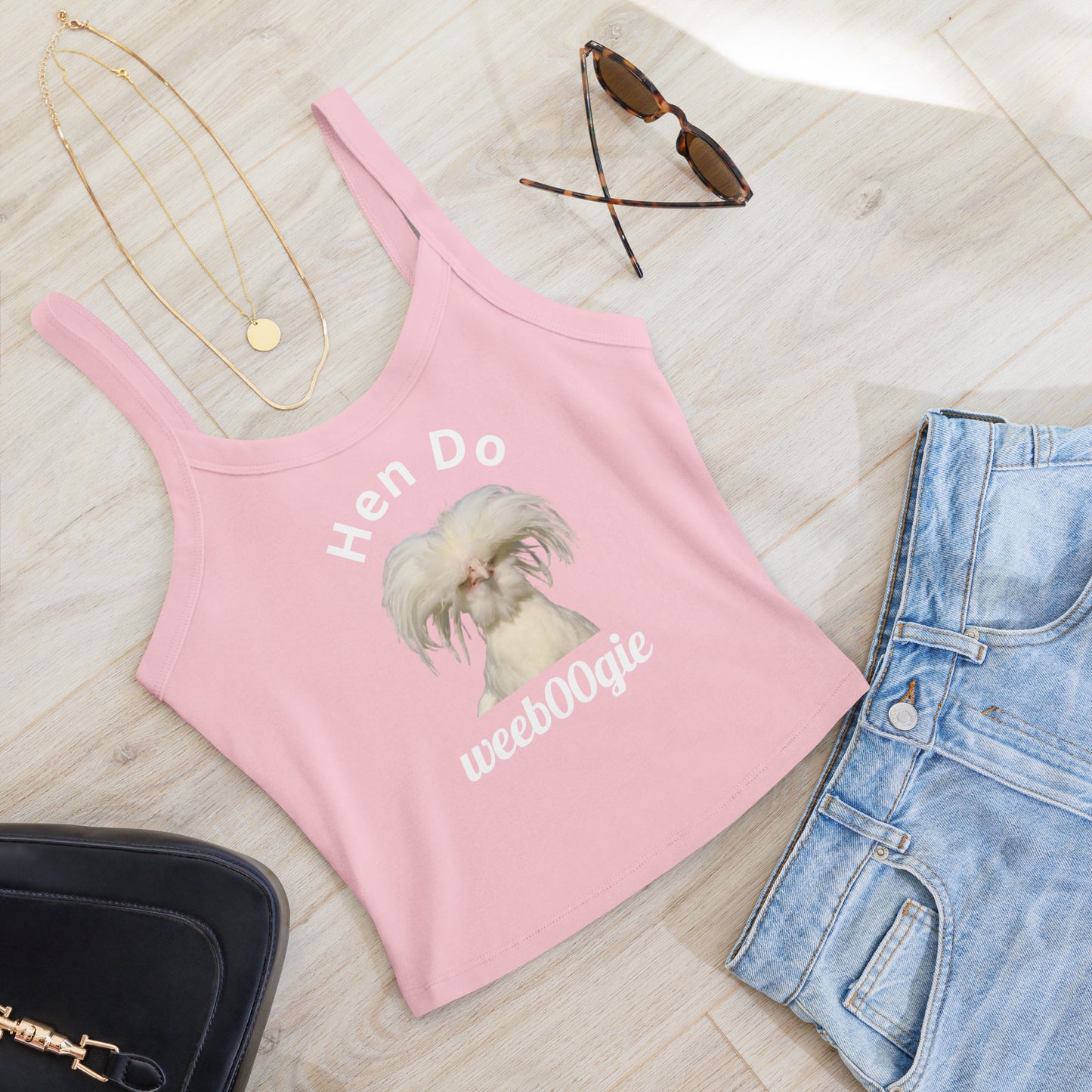 Hen Do Women's Micro-Rib Tank Top featuring White Chicken and Hen Do Text - Soft Airlume Cotton Blend with Thick Straps and Scoop Neck - Mid-Length Stretch Fit with Side-Seamed Construction - Perfect for Hen Parties and Bachelorette Celebrations - wee b00gie store