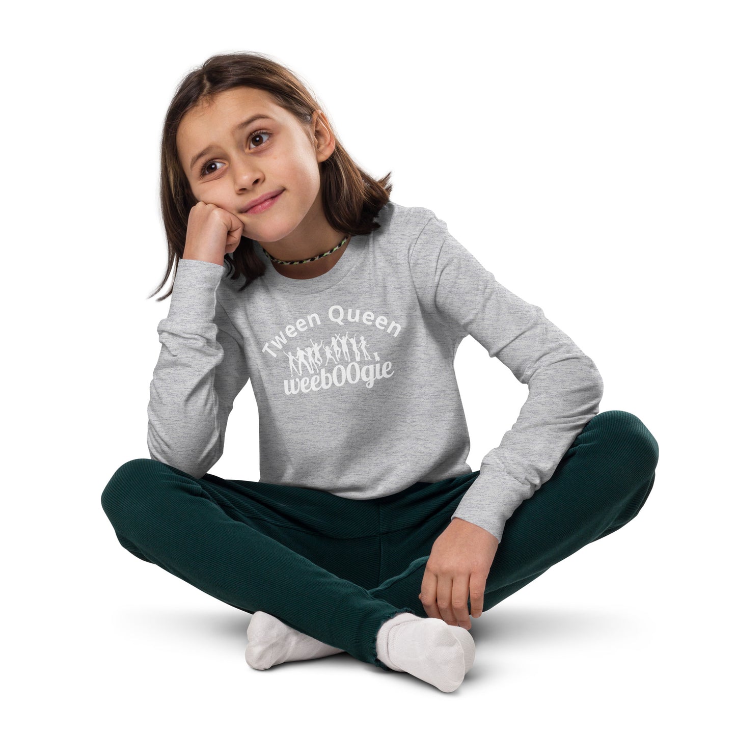 Youth Long Sleeved Tee in colour athletic heather - 100% Cotton - Perfect for St Patrick's Day partying or every day wear with the words Tween Queen and the wee b00gie logo - wee b00gie store