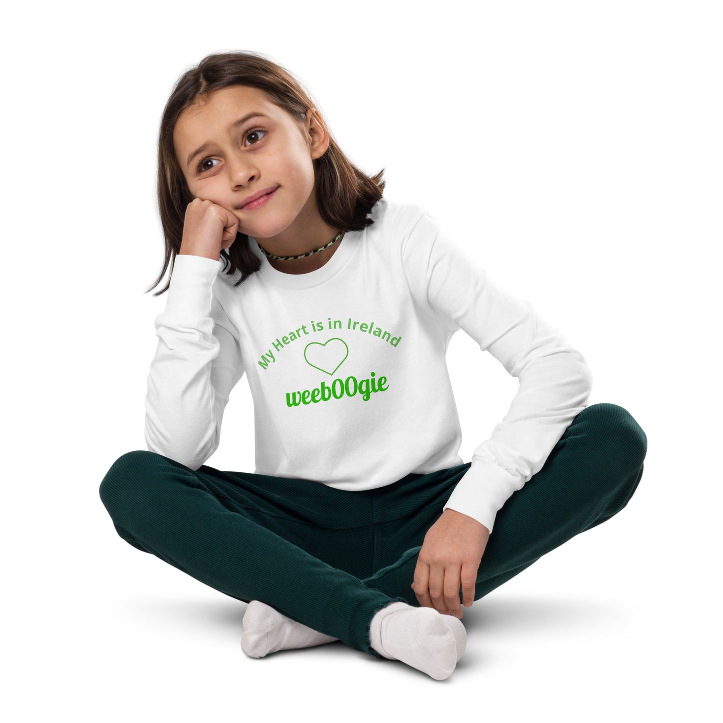 Youth Long Sleeved Tee in colour white - 100% Cotton - Perfect for St Patrick's Day with the words My Heart is in Ireland and a green heart emoji - wee b00gie store