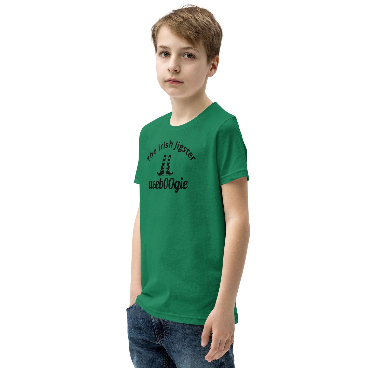 Youth Staple Tee in colour Kelly Green - 100% Cotton with Taped Neck and Shoulders - Classic Fit with Pre-Shrunk Fabric - Perfect for Young Dancers or St Patrick's Day with the words The Irish Jigster and Leprechaun legs image - wee b00gie store