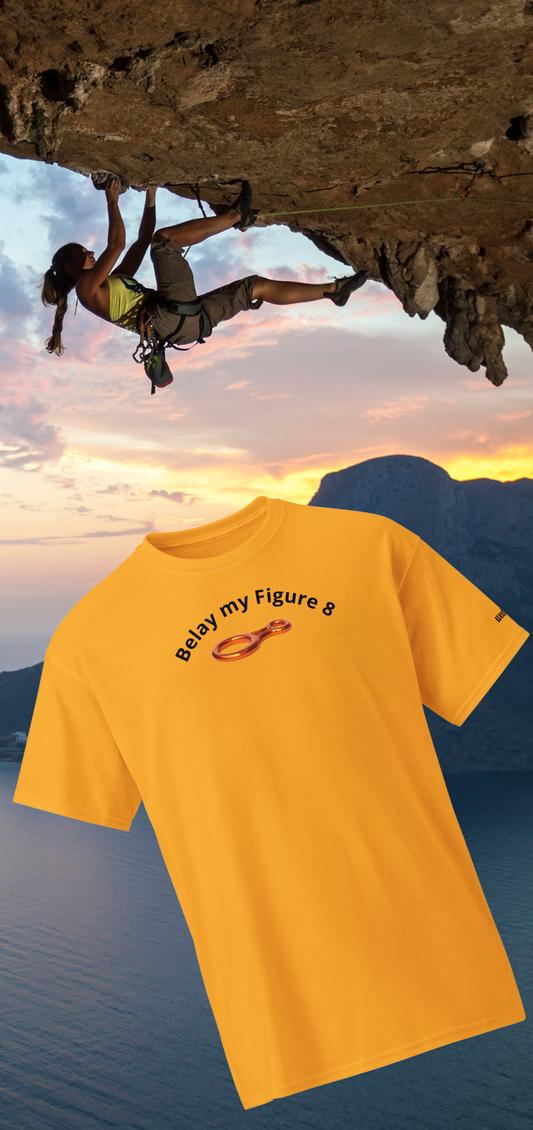 Unisex sports t-shirt with 'Belay my Figure 8' slogan, styled for climbers with a playful twist.