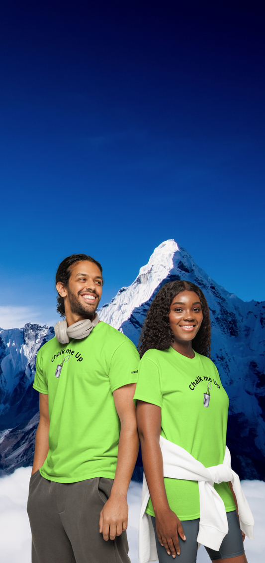 Unisex DryBlend t-shirt with 'Chalk Me Up' slogan, styled for climbers and movers. Lightweight, breathable, and ready for action.