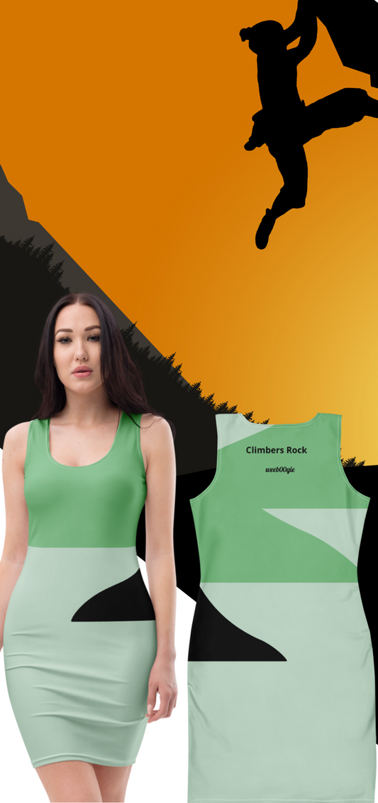 Climbers Rock wording on the back Fitted Bodycon Dress styled in greens with a mountain theme.