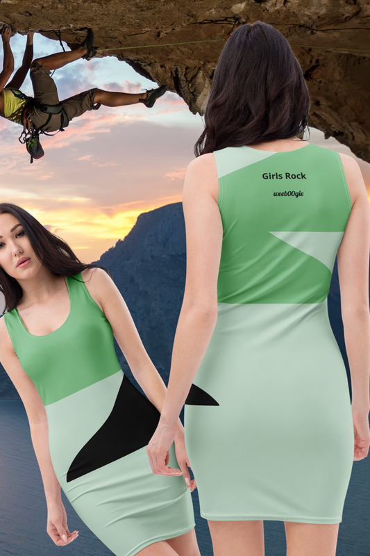 Girls Rock wording on the back Fitted Bodycon Dress styled in greens with a mountain theme.