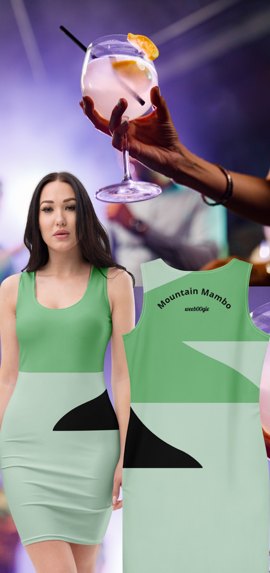 Mountain Mambo bodycon dress with bold print, fitted cut, perfect for après-ski or dancing.