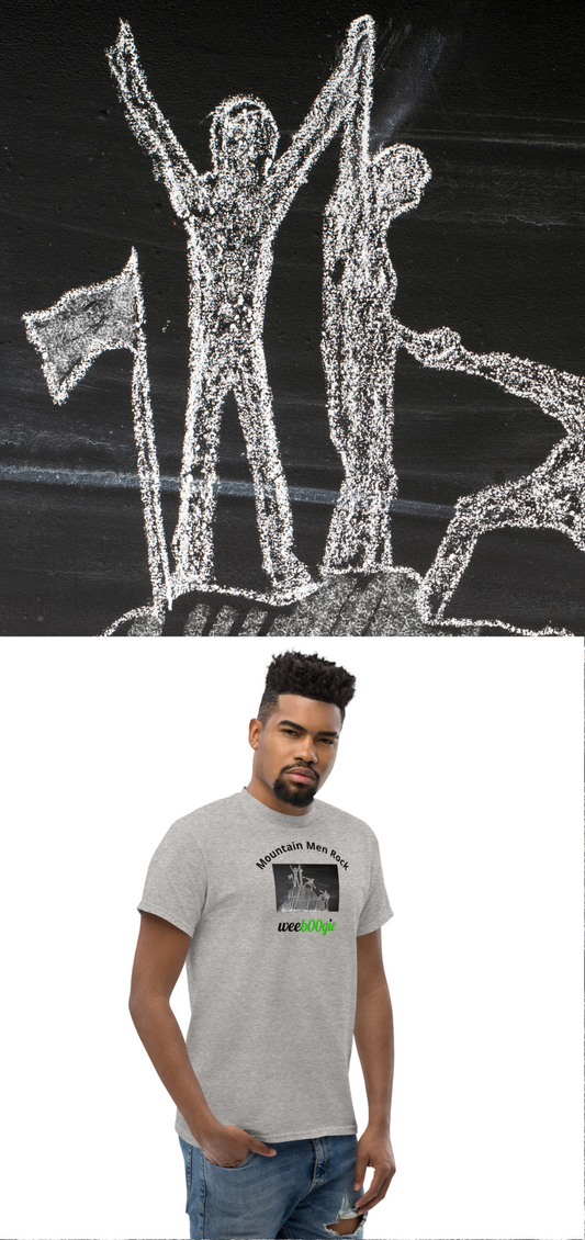 Unisex t-shirt with 'Mountain Men Rock' slogan, styled for outdoor adventures and dance challenges – set against a bold, mountainous backdrop.