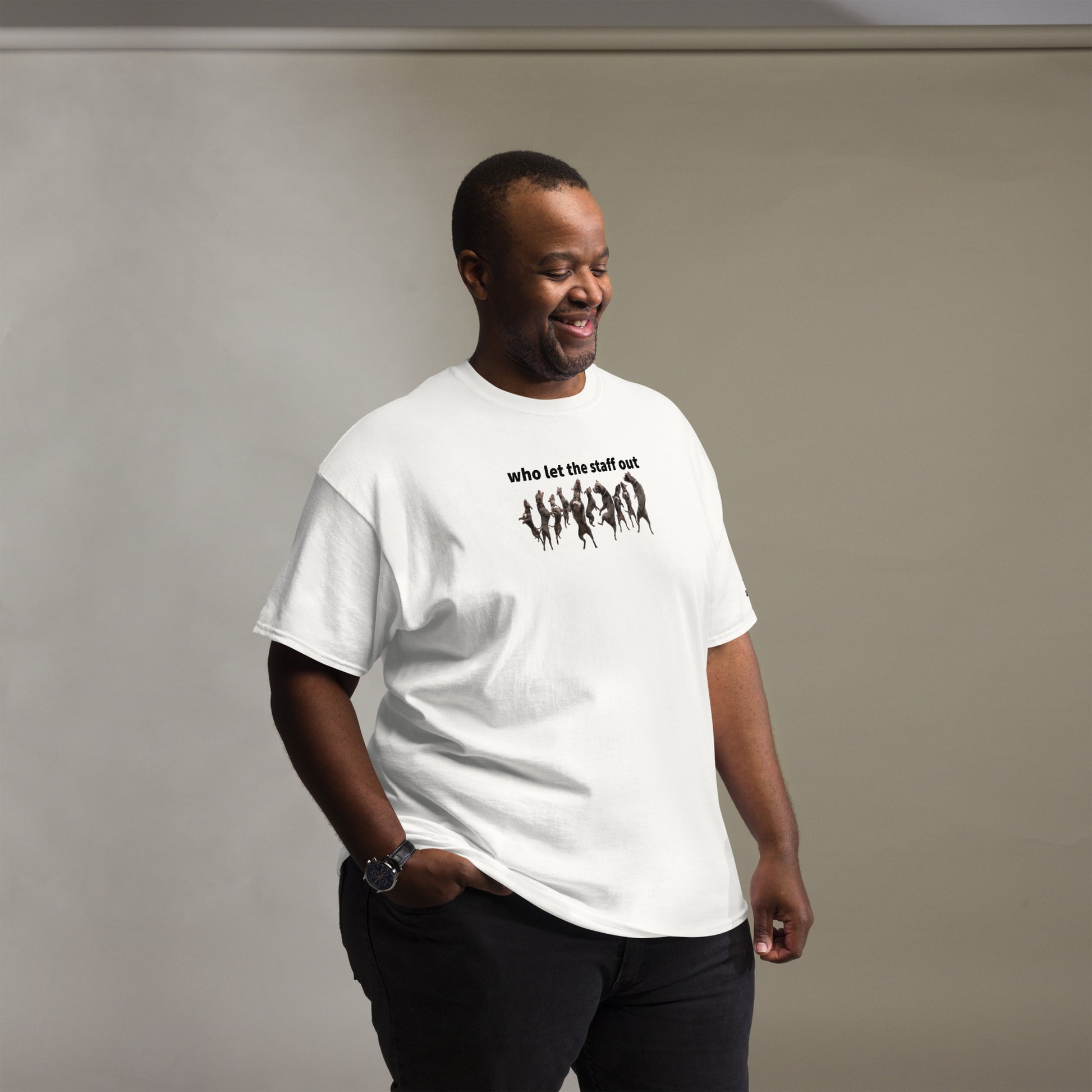 Who Let the Staff Out Staphie Unisex Classic Tee - 100% Cotton with Taped Neck and Double Seams - Structured Fit with Tubular Fabric - Perfect for Office Celebrations and Workplace Humor - wee b00gie store