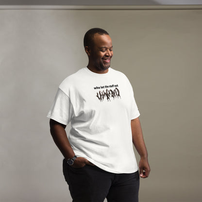 Who Let the Staff Out Staphie Unisex Classic Tee - 100% Cotton with Taped Neck and Double Seams - Structured Fit with Tubular Fabric - Perfect for Office Celebrations and Workplace Humor - wee b00gie store