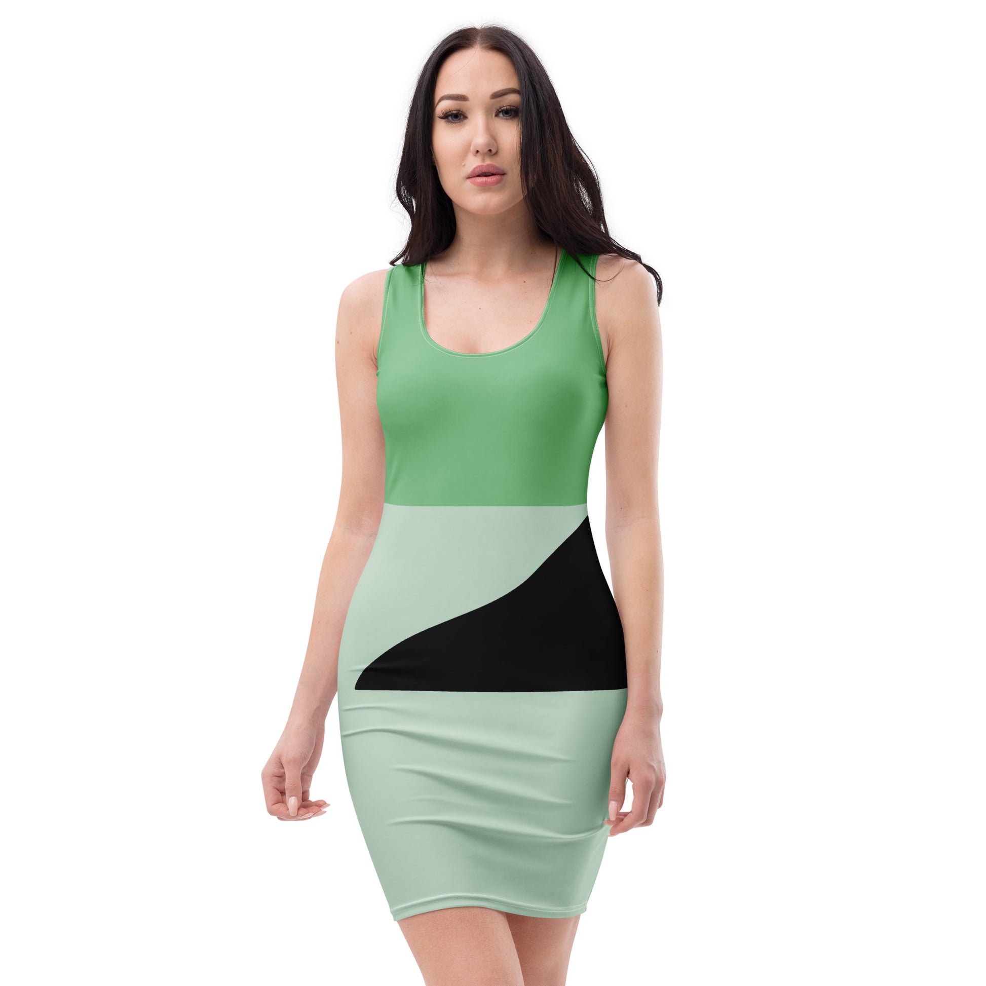 Girls Rock wording on the back Fitted Bodycon Dress styled in greens with a mountain theme.