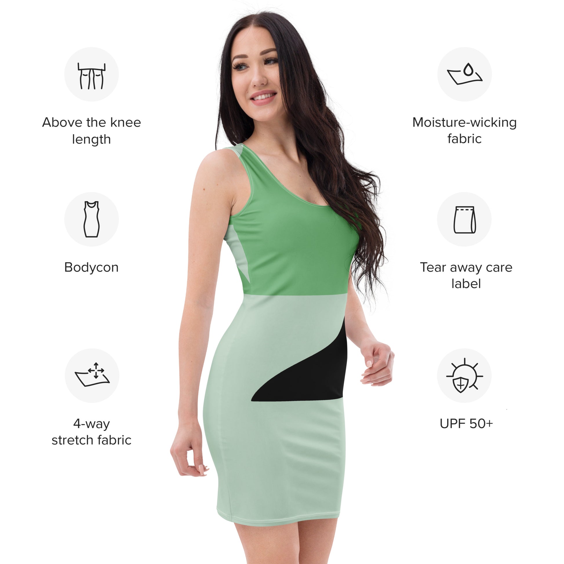 Girls Rock wording on the back Fitted Bodycon Dress styled in greens with a mountain theme.