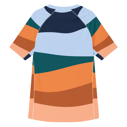 Just Boardin' All-Over Print Men's Rash Guard featuring Surf Board with Palm Tree Image and wee b00gie logo - High-Performance Polyester-Spandex Blend with UPF Sun Protection - Athletic Fit with Flatlock Seams and Long Sleeves - Perfect for Surfing, Swimming and Water Sports - wee b00gie store