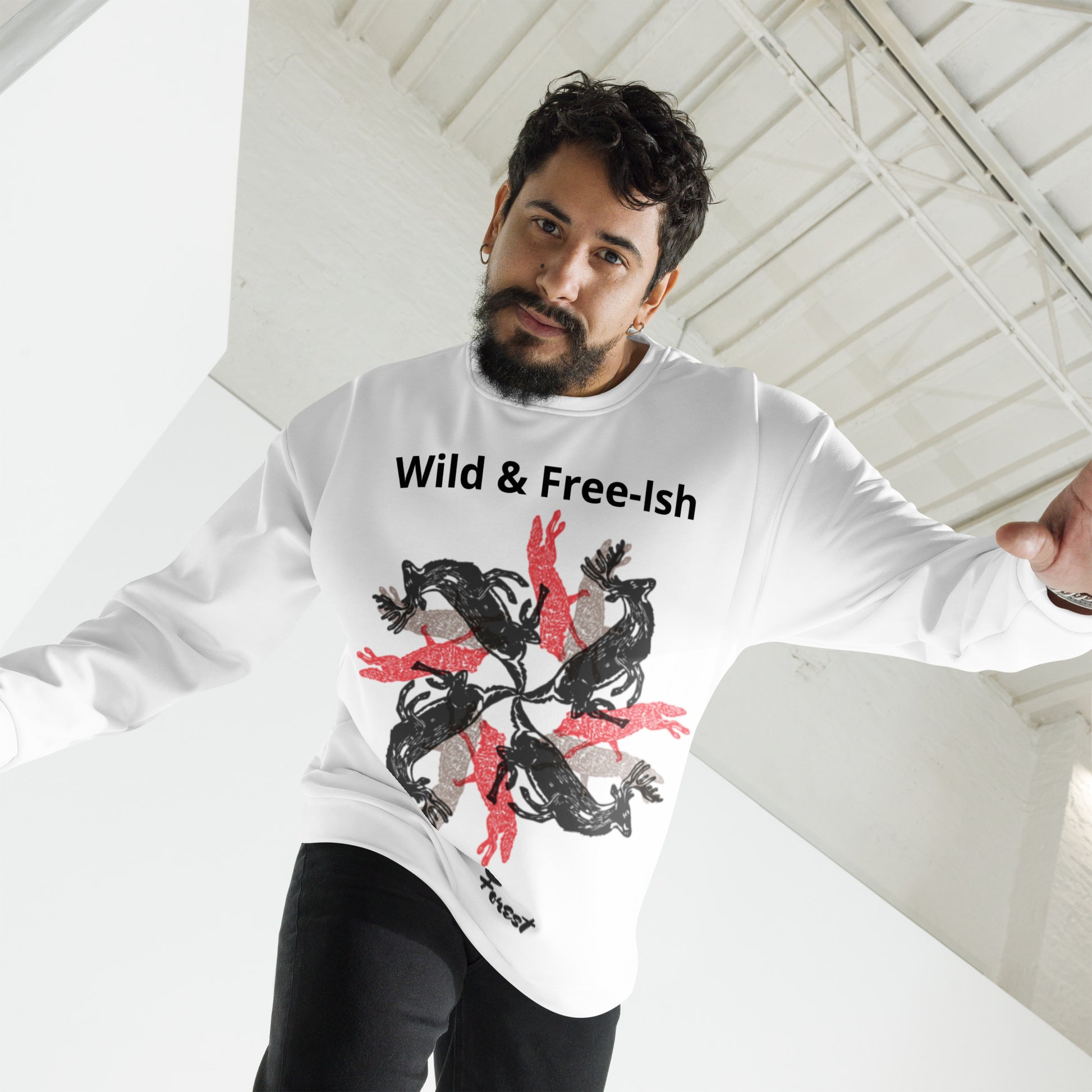 Funny stag party sweatshirt with a bold “Wild and Free-ish” slogan and an illustration of wolves and stags running in different directions. Perfect for bachelor weekends, blending humor with a hint of wild energy - wee b00gie store