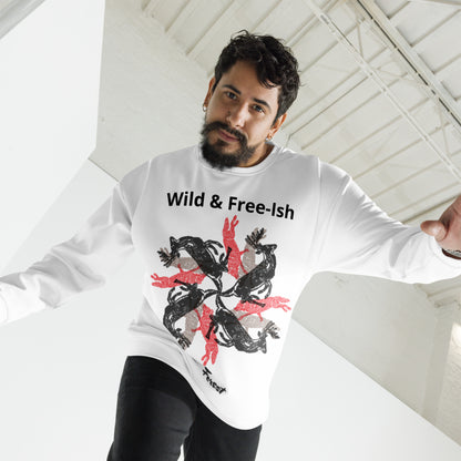 Funny stag party sweatshirt with a bold “Wild and Free-ish” slogan and an illustration of wolves and stags running in different directions. Perfect for bachelor weekends, blending humor with a hint of wild energy - wee b00gie store
