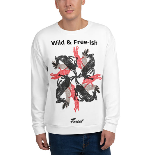 Funny stag party sweatshirt with a bold “Wild and Free-ish” slogan and an illustration of wolves and stags running in different directions. Perfect for bachelor weekends, blending humor with a hint of wild energy - wee b00gie store