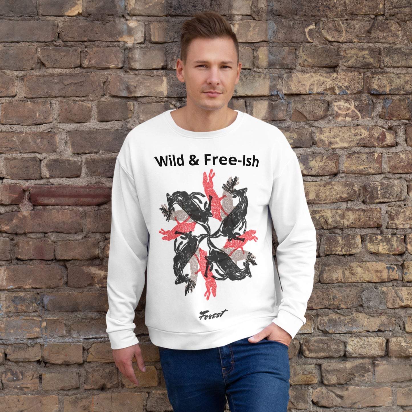 Funny stag party sweatshirt with a bold “Wild and Free-ish” slogan and an illustration of wolves and stags running in different directions. Perfect for bachelor weekends, blending humor with a hint of wild energy - wee b00gie store
