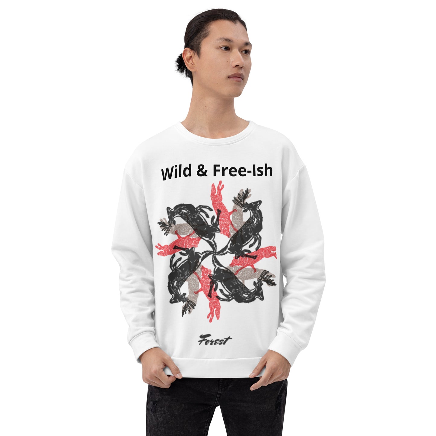 Funny stag party sweatshirt with a bold “Wild and Free-ish” slogan and an illustration of wolves and stags running in different directions. Perfect for bachelor weekends, blending humor with a hint of wild energy - wee b00gie store