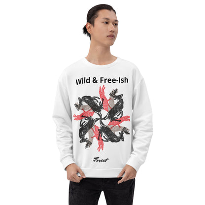 Funny stag party sweatshirt with a bold “Wild and Free-ish” slogan and an illustration of wolves and stags running in different directions. Perfect for bachelor weekends, blending humor with a hint of wild energy - wee b00gie store