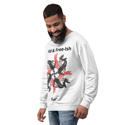 Funny stag party sweatshirt with a bold “Wild and Free-ish” slogan and an illustration of wolves and stags running in different directions. Perfect for bachelor weekends, blending humor with a hint of wild energy - wee b00gie store