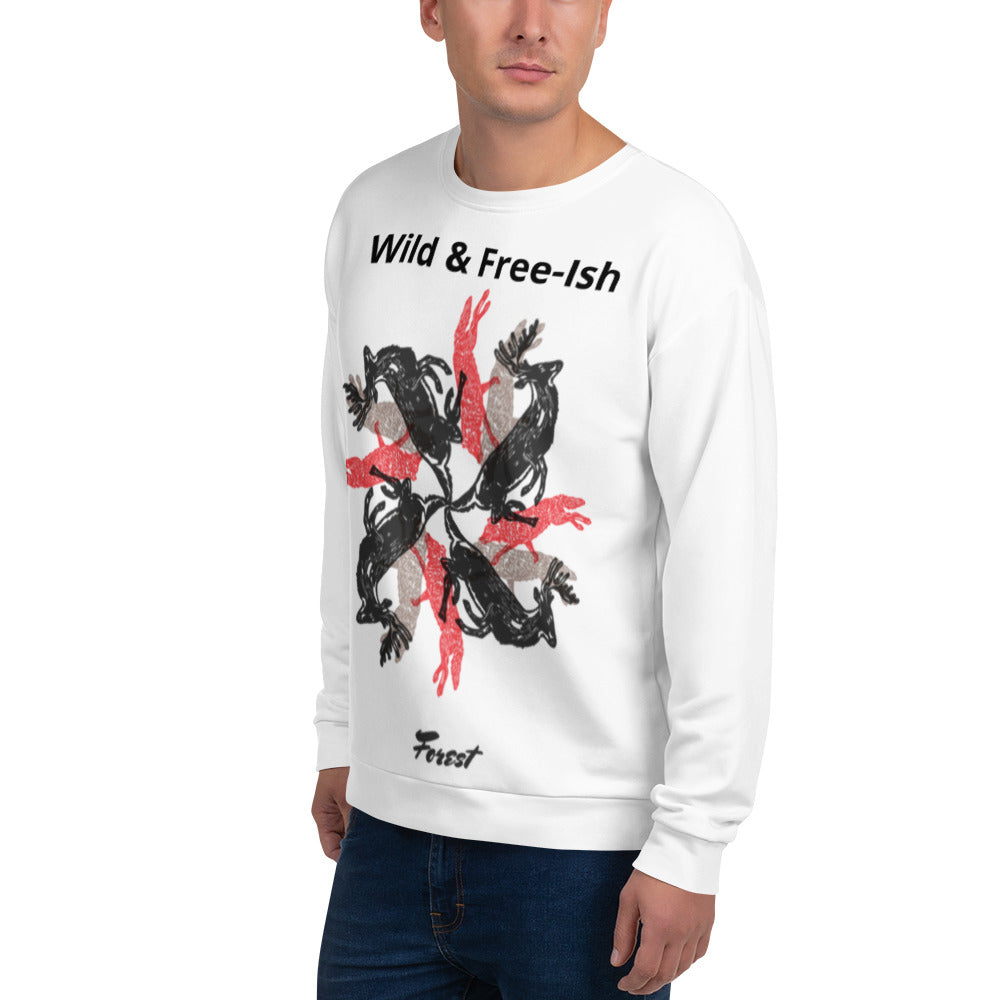 Funny stag party sweatshirt with a bold “Wild and Free-ish” slogan and an illustration of wolves and stags running in different directions. Perfect for bachelor weekends, blending humor with a hint of wild energy - wee b00gie store