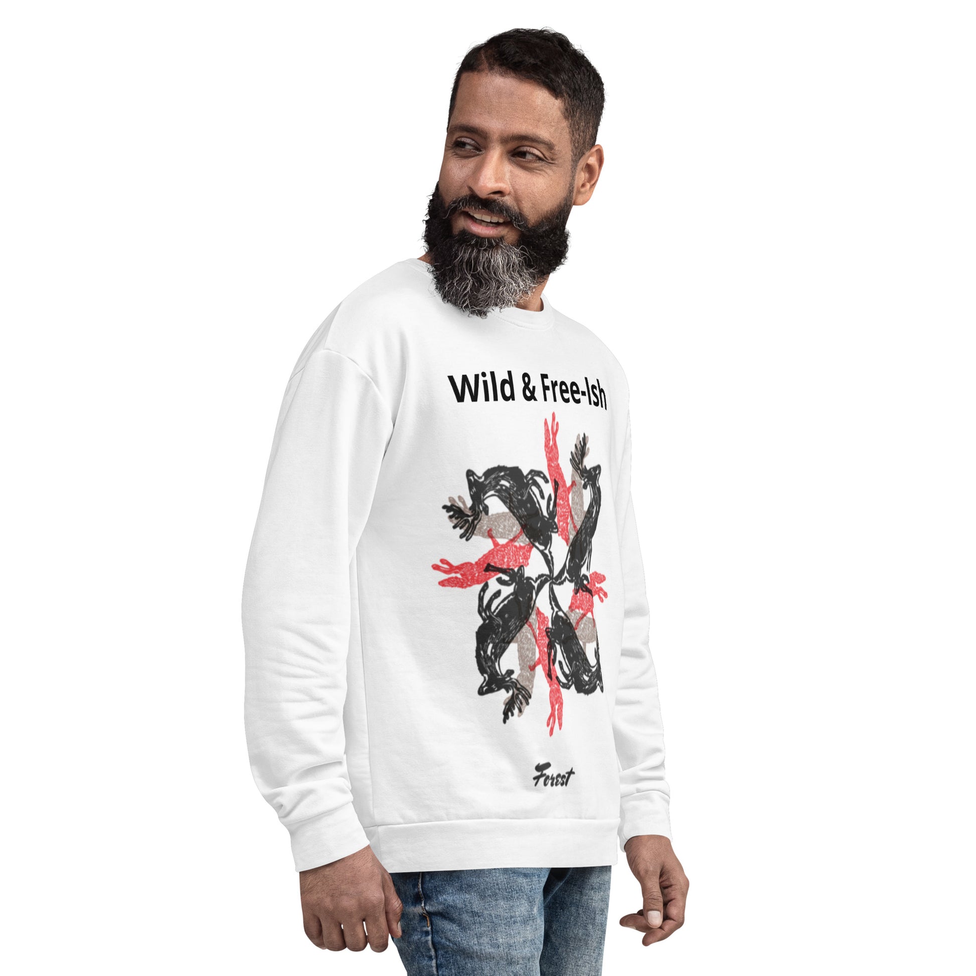 Funny stag party sweatshirt with a bold “Wild and Free-ish” slogan and an illustration of wolves and stags running in different directions. Perfect for bachelor weekends, blending humor with a hint of wild energy - wee b00gie store