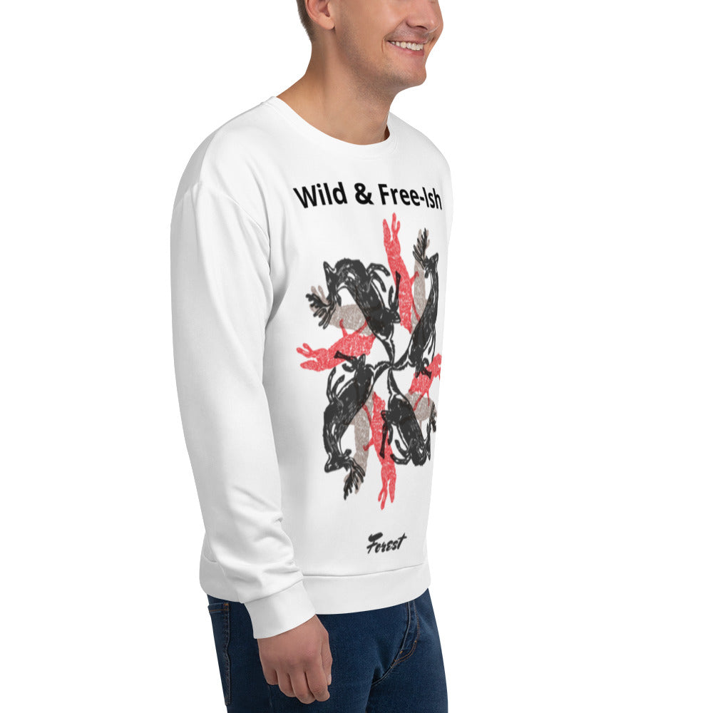 Funny stag party sweatshirt with a bold “Wild and Free-ish” slogan and an illustration of wolves and stags running in different directions. Perfect for bachelor weekends, blending humor with a hint of wild energy - wee b00gie store