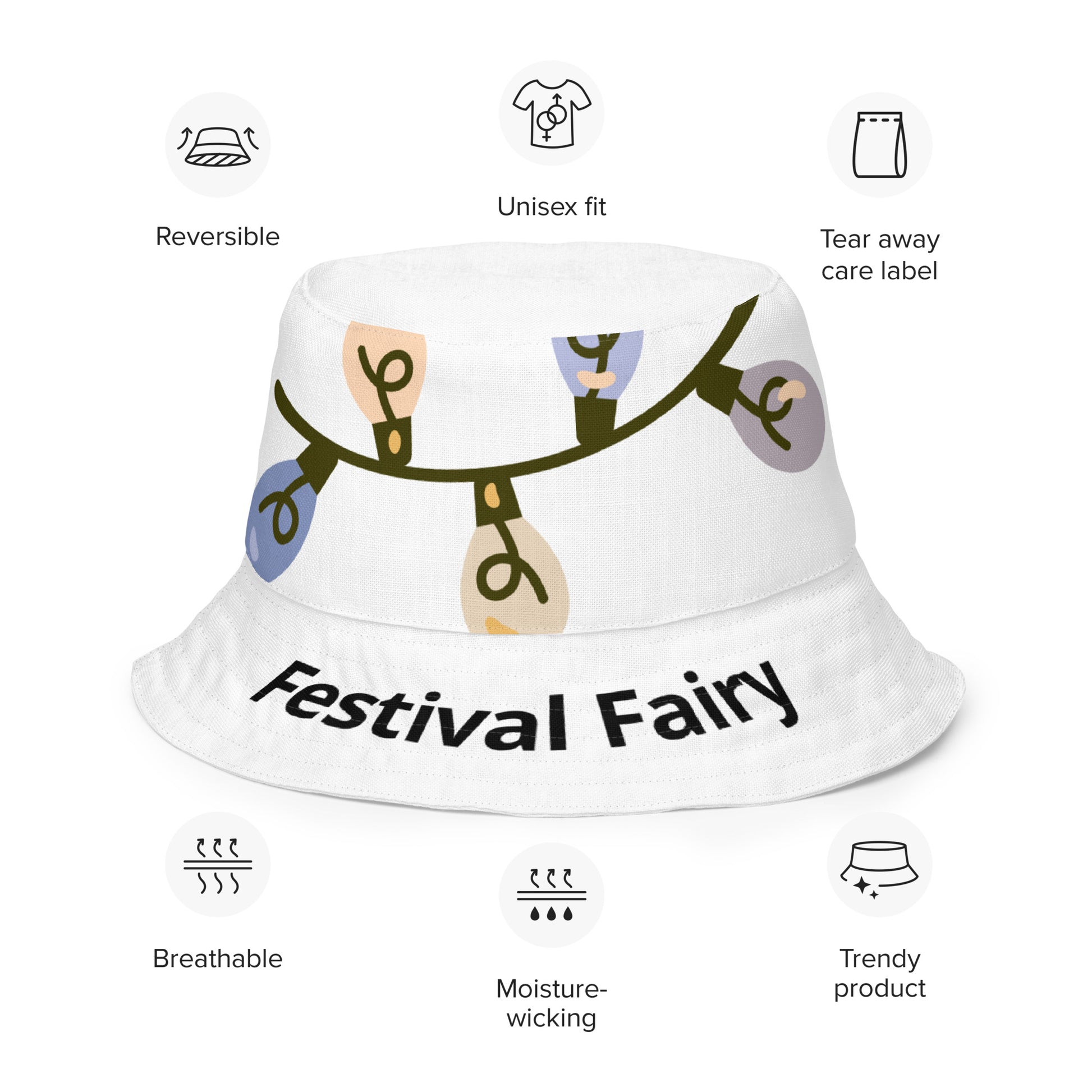 Festival Fairy Reversible Bucket Hat - two-sided festival fashion accessory with fairy design - moisture-wicking polyester bucket hat in XS, S/M, L/XL sizes - perfect for music festivals, summer concerts and outdoor dancing - wee b00gie store