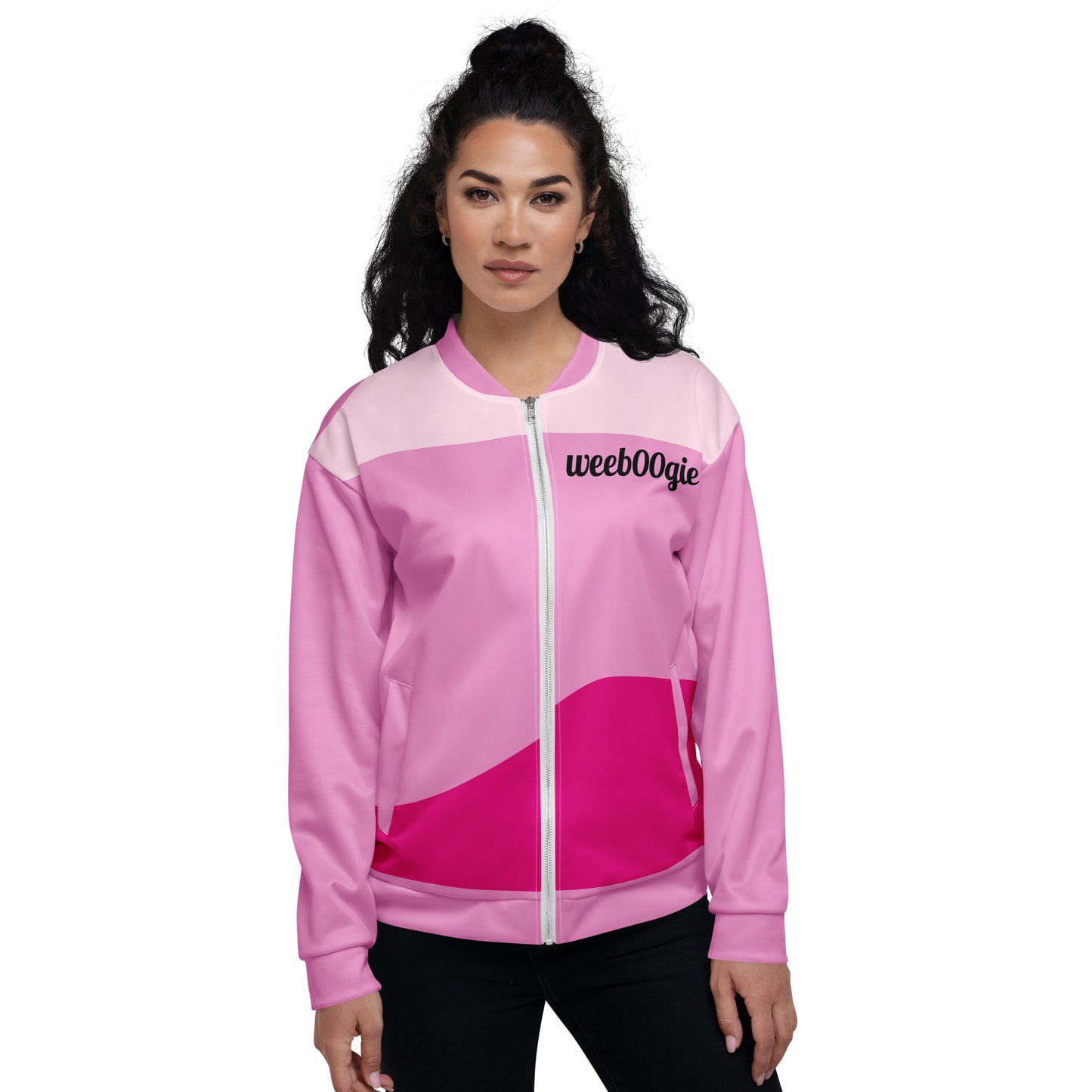 Cha Cha Chick Bridal Bomber Jacket in Pink Hues featuring Hen Image and Cha Cha Chick Text on Back - Lightweight Polyester Shell with Ribbed Cuffs and Hem - Relaxed Fit with Full Zip Closure - Perfect for Hen Parties and Bridal Celebrations - wee b00gie store