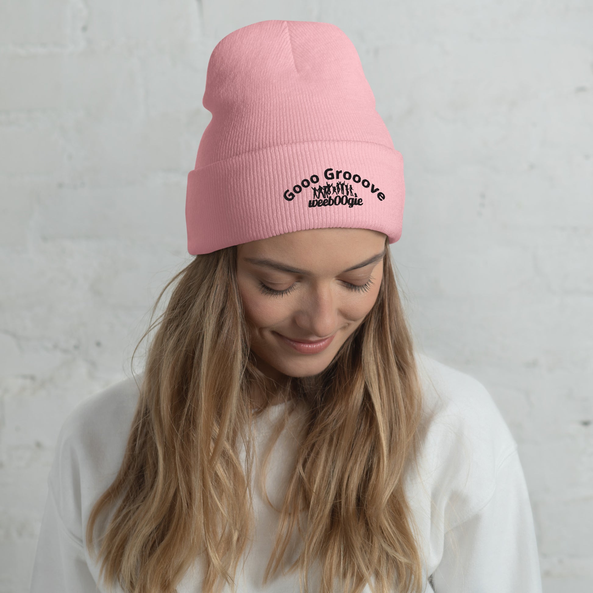 Gooo Grooove Cuffed Beanie in Heather Grey - stylish winter hat with wee b00gie logo - snug form-fitting knit beanie for dancers and festival-goers - warm headwear for cool weather dancing and outdoor events - versatile baby pink color for everyday wear.
