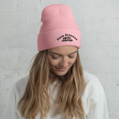 Gooo Grooove Cuffed Beanie in Heather Grey - stylish winter hat with wee b00gie logo - snug form-fitting knit beanie for dancers and festival-goers - warm headwear for cool weather dancing and outdoor events - versatile baby pink color for everyday wear.