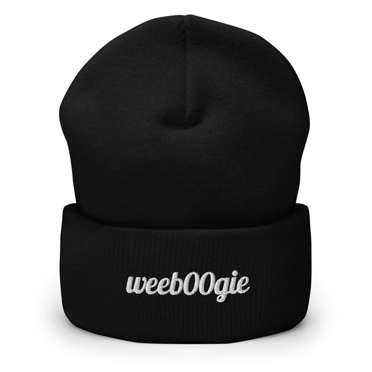 Gooo Grooove Cuffed Beanie in Heather Grey - stylish winter hat with wee b00gie logo - snug form-fitting knit beanie for dancers and festival-goers - warm headwear for cool weather dancing and outdoor events - versatile black color for everyday wear.