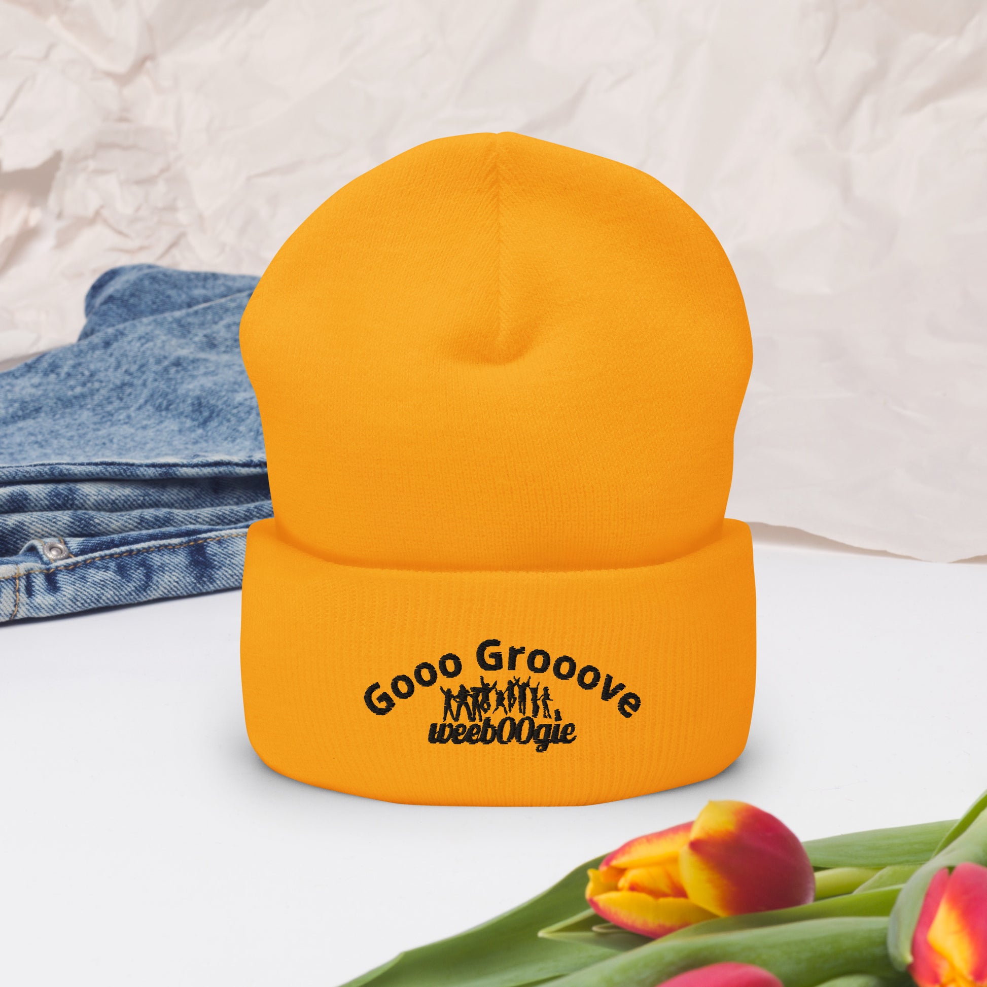 Gooo Grooove Cuffed Beanie in Heather Grey - stylish winter hat with wee b00gie logo - snug form-fitting knit beanie for dancers and festival-goers - warm headwear for cool weather dancing and outdoor events - versatile gold color for everyday wear.