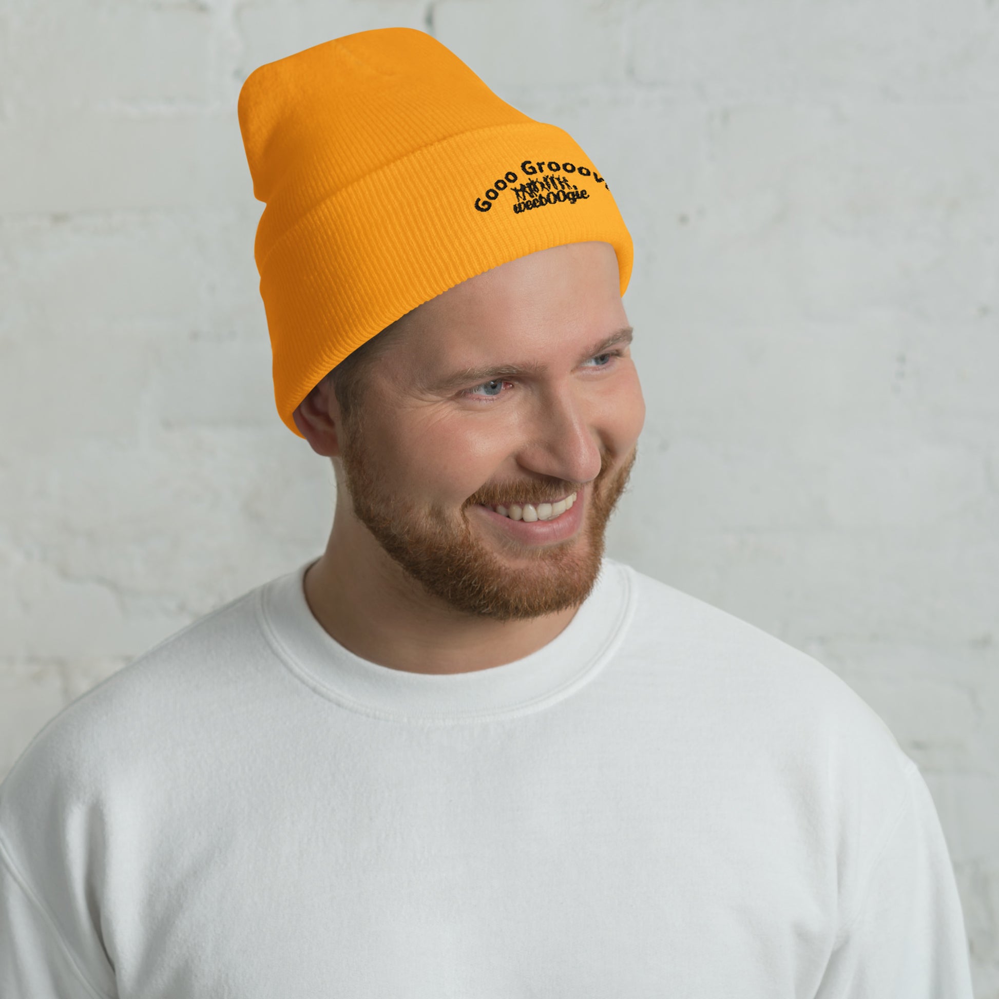 Gooo Grooove Cuffed Beanie in Heather Grey - stylish winter hat with wee b00gie logo - snug form-fitting knit beanie for dancers and festival-goers - warm headwear for cool weather dancing and outdoor events - versatile gold color for everyday wear.