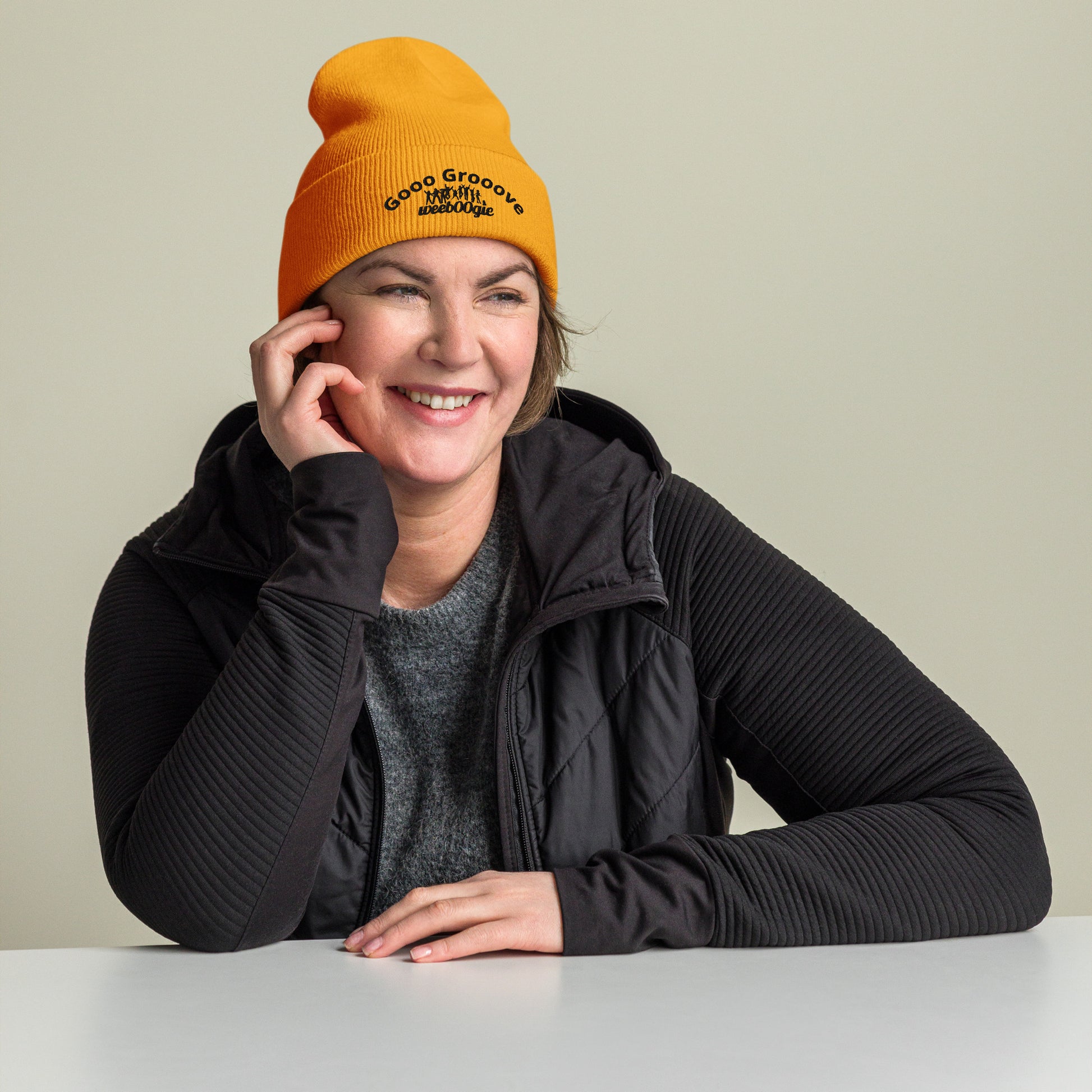 Gooo Grooove Cuffed Beanie in Heather Grey - stylish winter hat with wee b00gie logo - snug form-fitting knit beanie for dancers and festival-goers - warm headwear for cool weather dancing and outdoor events - versatile gold color for everyday wear.