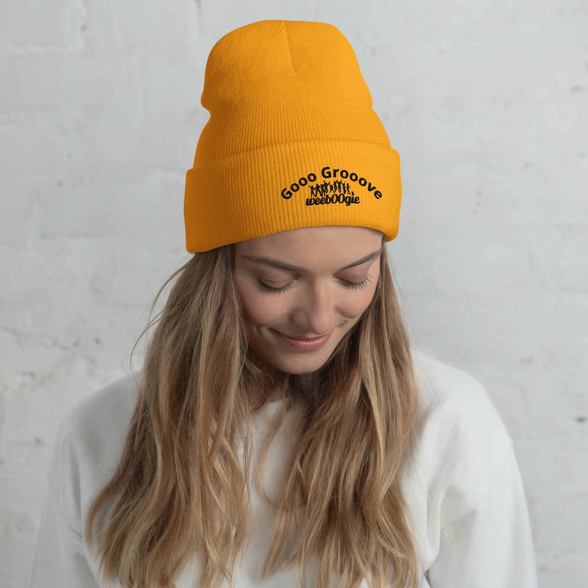 Gooo Grooove Cuffed Beanie in Heather Grey - stylish winter hat with wee b00gie logo - snug form-fitting knit beanie for dancers and festival-goers - warm headwear for cool weather dancing and outdoor events - versatile gold color for everyday wear.