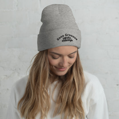 Gooo Grooove Cuffed Beanie in Heather Grey - stylish winter hat with wee b00gie logo - snug form-fitting knit beanie for dancers and festival-goers - warm headwear for cool weather dancing and outdoor events - versatile grey color for everyday wear.