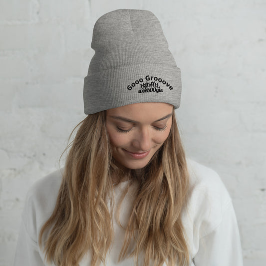 Gooo Grooove Cuffed Beanie in Heather Grey - stylish winter hat with wee b00gie logo - snug form-fitting knit beanie for dancers and festival-goers - warm headwear for cool weather dancing and outdoor events - versatile grey color for everyday wear.