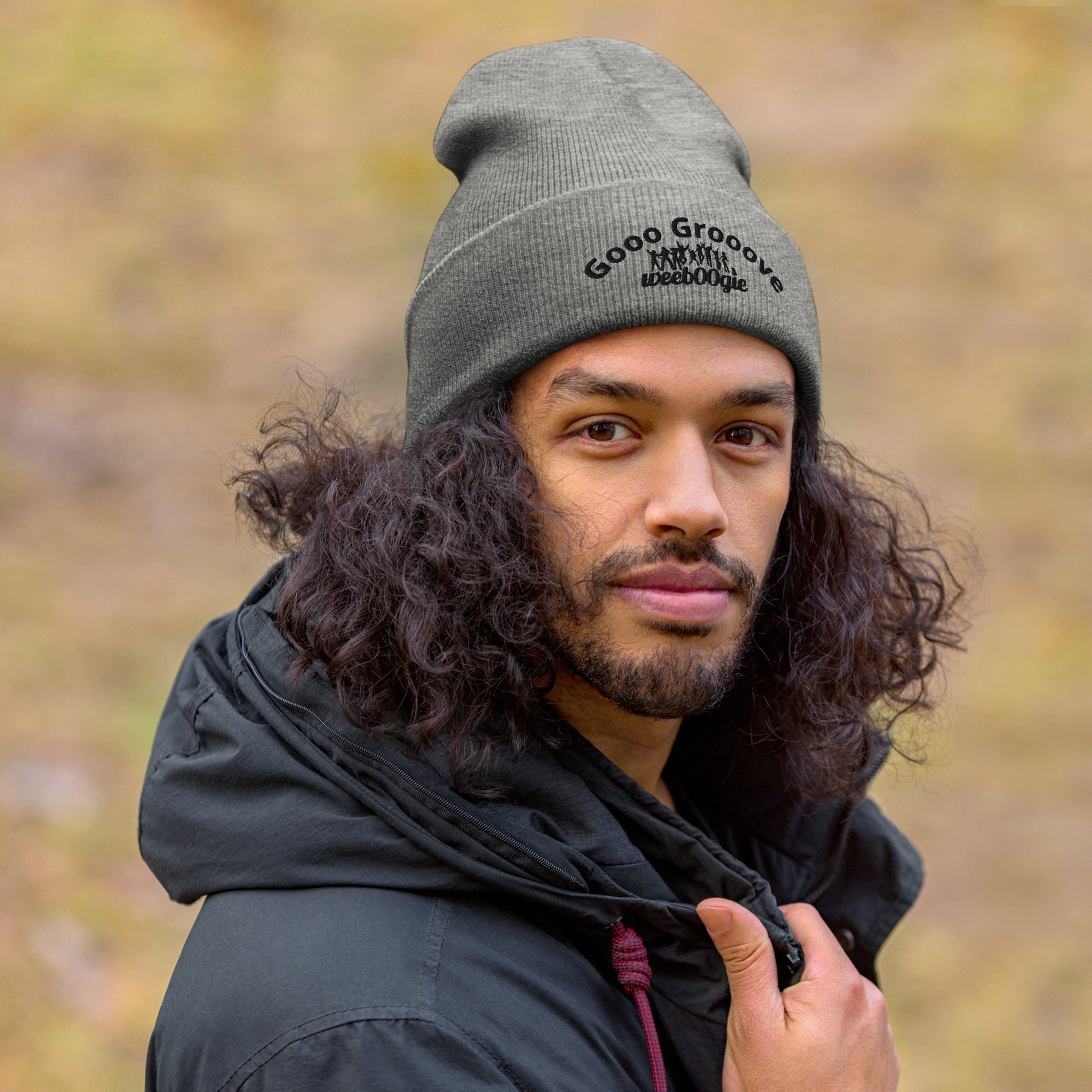 Gooo Grooove Cuffed Beanie in Heather Grey - stylish winter hat with wee b00gie logo - snug form-fitting knit beanie for dancers and festival-goers - warm headwear for cool weather dancing and outdoor events - versatile grey color for everyday wear.