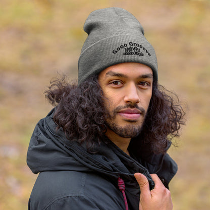 Gooo Grooove Cuffed Beanie in Heather Grey - stylish winter hat with wee b00gie logo - snug form-fitting knit beanie for dancers and festival-goers - warm headwear for cool weather dancing and outdoor events - versatile grey color for everyday wear.
